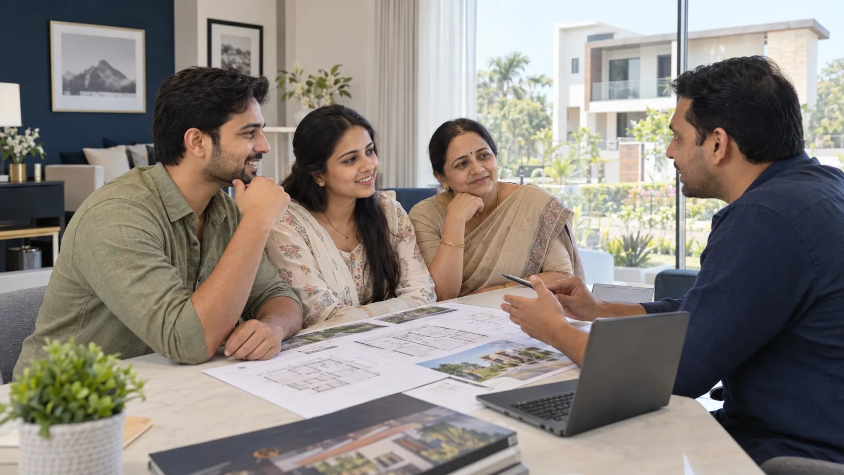 Maharashtrian family reviewing Deccan Imperia sample bungalow with property advisor