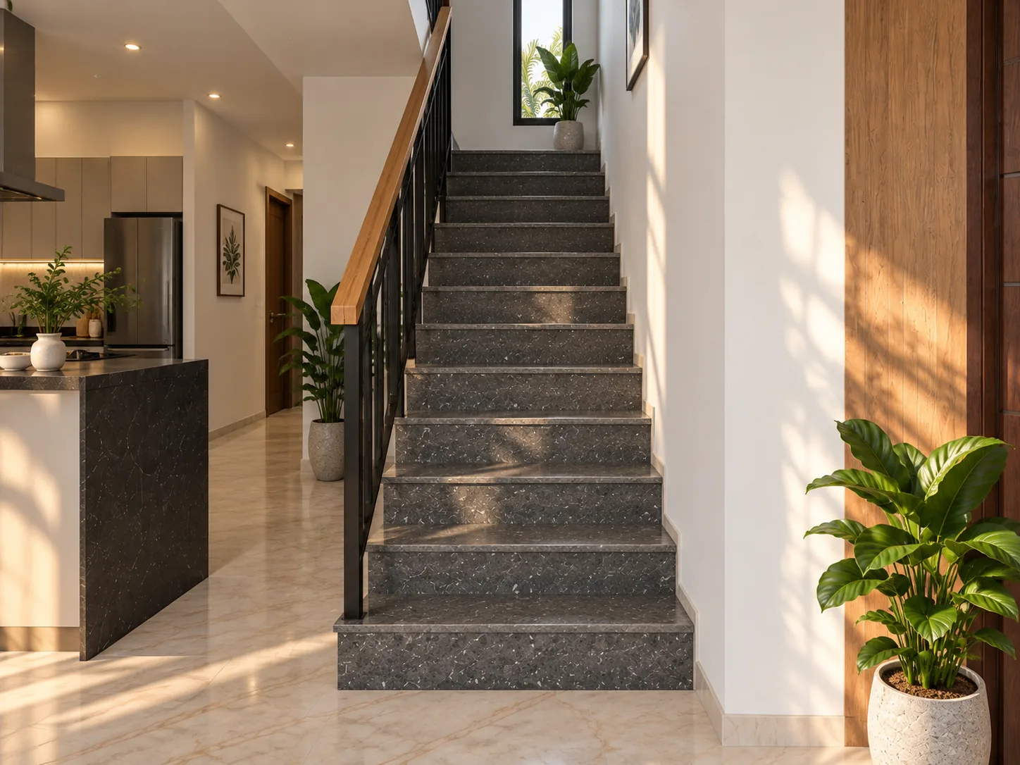 The staircase seen from the ground floor