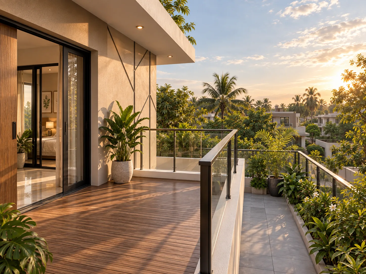 Garden deck and glass-railed planted balcony at sunset